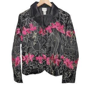 Chicos Womens Jacket Silk Blend Black Fuschia Floral Embroidered Sz 2
